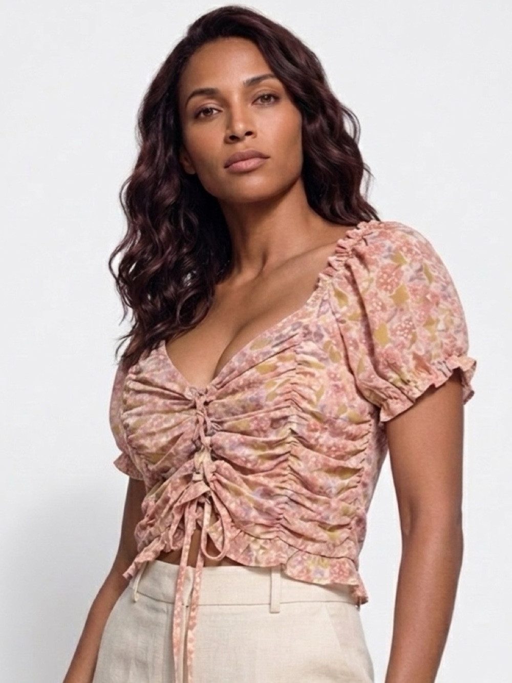 Floral Ruched Tie-Front Peasant Top - Pink